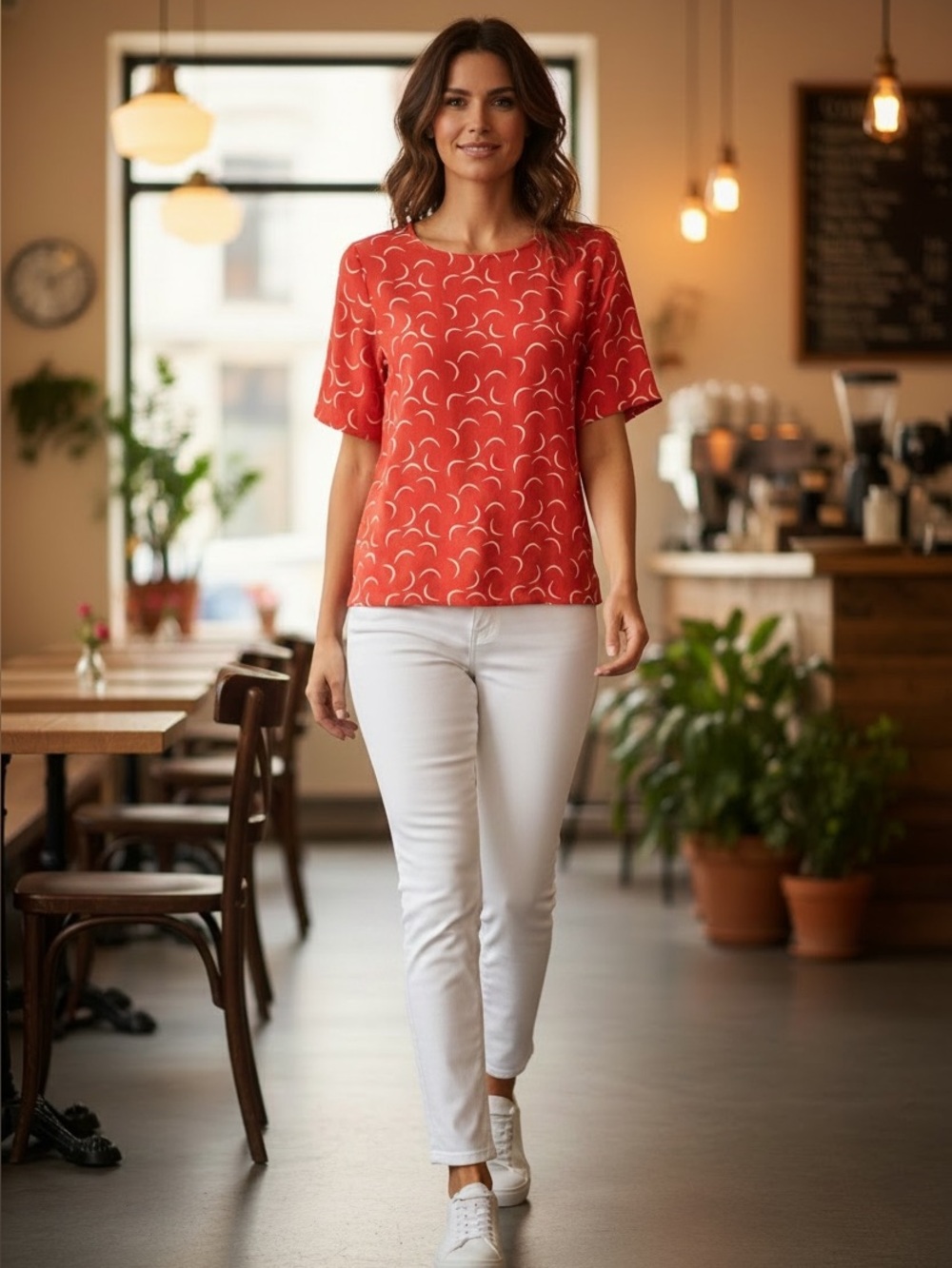 ICHI Red Crescent-Print Short Sleeve Blouse